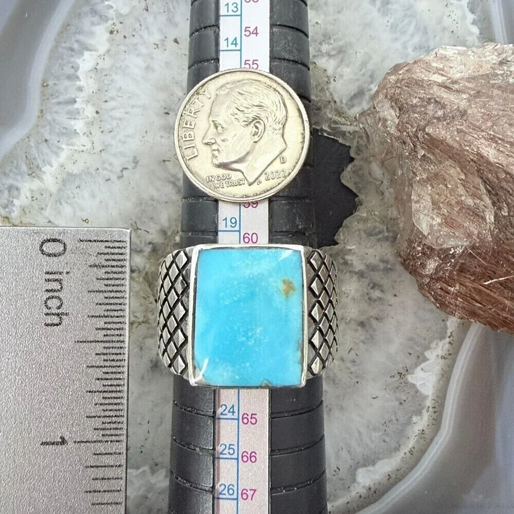 Native American Sterling Rectangle Kingman Turquoise Decorated Ring S 10 For Men